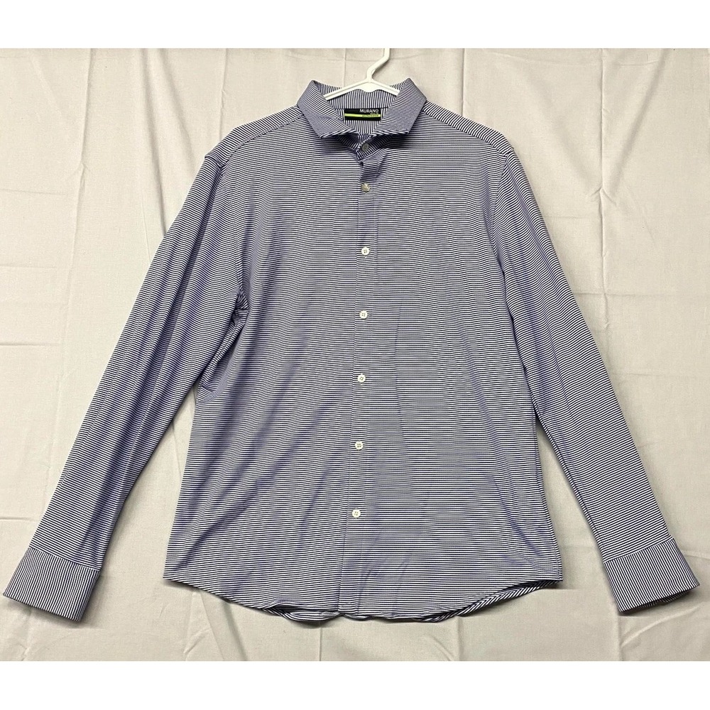 Murano Shirt Mens Large Navy White Striped Casual Performance Slim Fit Button Up